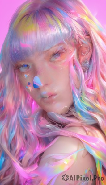 1girl,solo,long hair,looking at viewer,bangs,blue eyes,simple background,bare shoulders,jewelry,closed mouth,blue hair,upper body,pink hair,multicolored hair,earrings,blunt bangs,lips,eyelashes,makeup,piercing,pink background,ear piercing,portrait,bandaid,pink lips,nose,tattoo