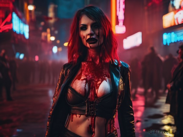 1girl,solo,long hair,breasts,looking at viewer,large breasts,black hair,navel,cleavage,medium breasts,jacket,upper body,red hair,multicolored hair,open clothes,solo focus,midriff,bra,blurry,two-tone hair,open jacket,lips,black jacket,blood,makeup,blurry background,lipstick,blood on face,realistic,blood on clothes,leather,blood splatter,bustier,leather jacket,black lips,neon lights,underwear,outdoors,black eyes,night,depth of field,cropped jacket