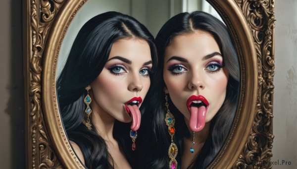 1girl,solo,long hair,looking at viewer,open mouth,blue eyes,black hair,jewelry,earrings,teeth,tongue,tongue out,eyelashes,makeup,lipstick,gem,portrait,eyeshadow,reflection,mirror,red lips,eyeliner,long tongue,mascara,different reflection,forked tongue,multiple girls,2girls,parted lips,lips,grey eyes,saliva,piercing,realistic,tongue piercing