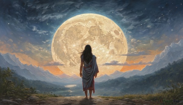 1girl,solo,long hair,black hair,dress,standing,outdoors,sky,barefoot,cloud,from behind,tree,night,moon,cloudy sky,grass,wind,star (sky),nature,night sky,scenery,full moon,forest,walking,sunset,mountain,facing away,mountainous horizon,long sleeves,starry sky,rock,arms at sides,sun,wide shot,landscape