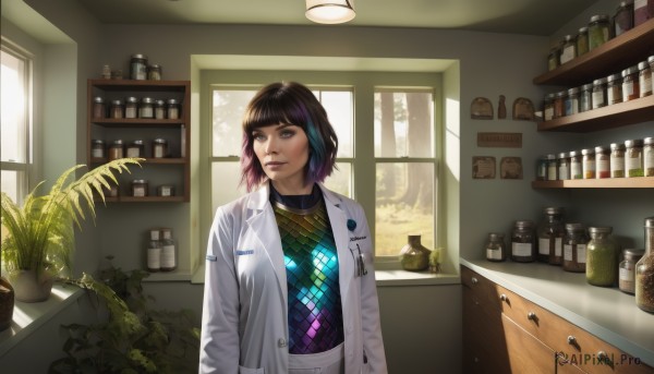 1girl,solo,short hair,bangs,shirt,black hair,long sleeves,brown eyes,jewelry,closed mouth,standing,upper body,purple hair,multicolored hair,open clothes,day,indoors,blunt bangs,medium hair,necklace,black eyes,two-tone hair,tree,lips,streaked hair,coat,looking to the side,window,looking away,sunlight,bottle,plant,realistic,nose,labcoat,white coat,potted plant,shelf,kitchen,jar,counter,cabinet,pocket