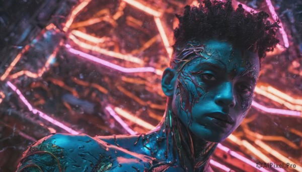 solo,looking at viewer,short hair,black hair,1boy,closed mouth,male focus,dark skin,blurry,black eyes,blood,blurry background,colored skin,portrait,science fiction,realistic,blue skin,cyborg,cyberpunk,cracked skin,upper body,afro