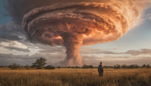 solo,short hair,brown hair,black hair,1boy,standing,male focus,outdoors,sky,day,cloud,from behind,tree,blue sky,animal,cloudy sky,grass,nature,scenery,1other,monster,fantasy,facing away,field,wide shot,oversized animal,eldritch abomination,landscape