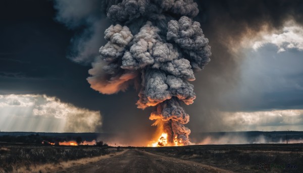 outdoors,sky,cloud,no humans,sunlight,cloudy sky,fire,building,scenery,smoke,monster,ruins,burning,day,blue sky,light rays