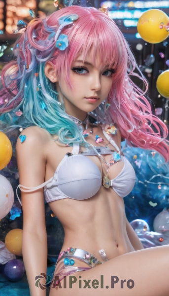 1girl,solo,long hair,breasts,looking at viewer,bangs,blue eyes,hair ornament,navel,cleavage,bare shoulders,jewelry,medium breasts,sitting,underwear,blue hair,swimsuit,pink hair,flower,bikini,multicolored hair,earrings,parted lips,shorts,shiny,artist name,hair flower,water,necklace,stomach,bra,blurry,two-tone hair,lips,eyelashes,aqua hair,gradient hair,makeup,depth of field,blurry background,arm support,watermark,white bikini,gem,web address,strap slip,white bra,bubble,pink lips,realistic,nose,arms at sides,balloon