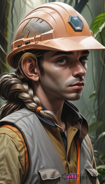 solo,long hair,looking at viewer,brown hair,shirt,1boy,brown eyes,upper body,braid,male focus,outdoors,parted lips,blurry,vest,tree,lips,single braid,blurry background,facial hair,helmet,nature,forest,realistic,nose,brown shirt,brown vest,hardhat,1girl,hat,closed mouth,jacket,dark skin,buttons,thick eyebrows,pocket,breast pocket