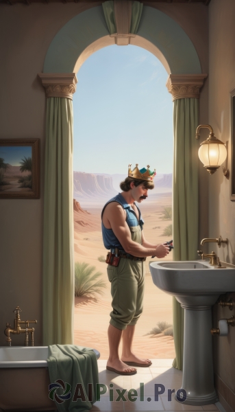 solo,short hair,brown hair,shirt,1boy,holding,standing,full body,male focus,sky,barefoot,sleeveless,day,belt,indoors,water,bare arms,window,muscular,facial hair,sandals,tank top,crown,curtains,muscular male,mirror,mustache,tiles,candle,overalls,bathroom,bathtub,blue overalls,black hair,bare shoulders,pants,from side,blue shirt,pouch,pillar,green pants