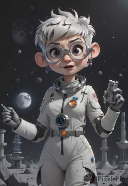 1girl,solo,looking at viewer,smile,short hair,holding,brown eyes,jewelry,standing,white hair,grey hair,cowboy shot,earrings,small breasts,parted lips,glasses,teeth,bodysuit,makeup,moon,star (sky),science fiction,space,planet,earth (planet),spacecraft,spacesuit,space helmet,astronaut,animal ears,lips,goggles,genderswap,genderswap (mtf)