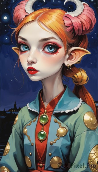 1girl,solo,long hair,looking at viewer,blue eyes,jewelry,upper body,ponytail,red hair,earrings,horns,sky,pointy ears,necklace,orange hair,lips,eyelashes,makeup,night,lipstick,brooch,demon horns,gem,star (sky),night sky,eyeshadow,starry sky,freckles,red lips,eyeliner,mascara,blush,bangs,shirt,jacket,pink hair,multicolored hair,frills,parted lips,artist name,hair bun,two-tone hair,parted bangs,double bun,gradient hair,buttons,pale skin,nose,castle