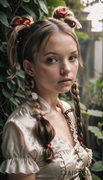 1girl,solo,long hair,breasts,looking at viewer,brown hair,hair ornament,dress,ribbon,twintails,brown eyes,jewelry,closed mouth,hair ribbon,upper body,braid,short sleeves,earrings,small breasts,outdoors,frills,puffy sleeves,white dress,blurry,black eyes,twin braids,puffy short sleeves,lips,grey eyes,blurry background,leaf,nature,freckles,realistic,bangs,shirt,collarbone,white shirt,parted lips,day,depth of field,sunlight,plant,frilled sleeves,blouse,hair over shoulder,forehead,nose,stud earrings