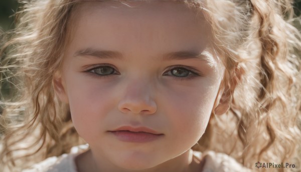 1girl,solo,long hair,looking at viewer,blonde hair,closed mouth,green eyes,mole,blurry,lips,grey eyes,eyelashes,depth of field,wavy hair,portrait,close-up,freckles,curly hair,realistic,nose,mole on cheek,blurry background