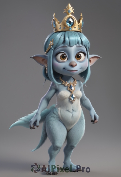 1girl,solo,breasts,looking at viewer,smile,short hair,bangs,simple background,hair ornament,navel,animal ears,brown eyes,jewelry,closed mouth,blue hair,standing,tail,full body,sidelocks,thighs,nude,earrings,small breasts,pointy ears,blunt bangs,medium hair,grey background,necklace,gradient,gradient background,colored skin,thick thighs,crown,looking up,gem,claws,furry,plump,blue skin,furry female,belly,body fur,multicolored skin,fewer digits,animal feet,blue fur,shortstack,lalafell,lips,monster girl