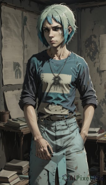 1girl,solo,breasts,short hair,blue eyes,shirt,jewelry,blue hair,standing,multicolored hair,cowboy shot,green hair,belt,pants,indoors,necklace,lips,torn clothes,book,aqua hair,blood,denim,t-shirt,pendant,cigarette,hand in pocket,jeans,nose,raglan sleeves,torn pants,sleeves pushed up,looking at viewer,bangs,holding,closed mouth,collarbone,frown,blue shirt,grey shirt,desk,sleeves rolled up,paper,pen,shirt tucked in,brown belt,grey pants,earphones,dirty,book stack,dirty clothes,torn