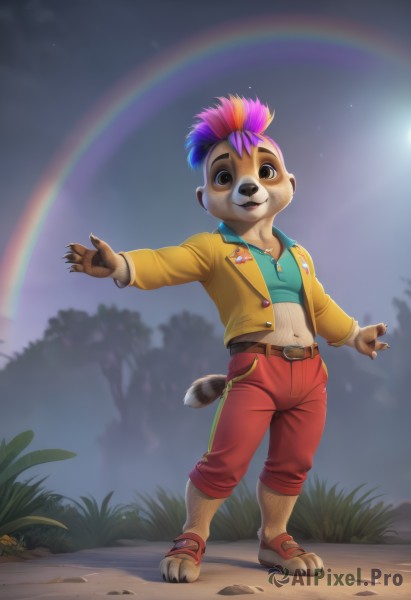 solo,looking at viewer,smile,open mouth,shirt,1boy,navel,animal ears,brown eyes,jewelry,standing,jacket,tail,full body,pink hair,purple hair,male focus,multicolored hair,outdoors,open clothes,sky,midriff,belt,pants,artist name,necklace,open jacket,tree,night,sandals,grass,furry,furry male,male child,red shorts,red pants,rainbow,animal nose,1girl,short hair,blue hair,flower,shoes,shorts,barefoot,teeth,two-tone hair,crop top,piercing,blue shirt,claws,freckles,yellow jacket,body fur,two-tone fur,mohawk,buck teeth