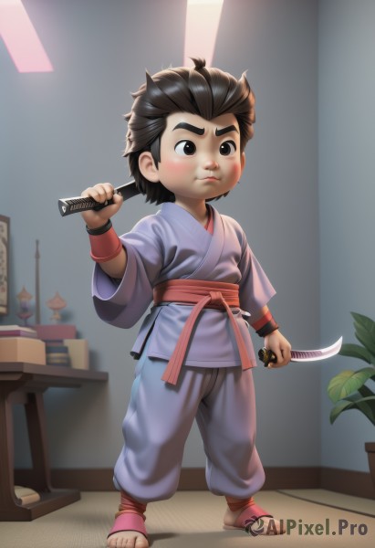 solo,short hair,brown hair,black hair,1boy,holding,closed mouth,standing,full body,weapon,male focus,japanese clothes,sword,indoors,holding weapon,black eyes,book,holding sword,table,thick eyebrows,aged down,knife,plant,wristband,child,dual wielding,potted plant,toeless legwear,male child,dougi,short sword,tantou,blush,barefoot,toes,spiked hair,realistic,ninja,lamp,reverse grip