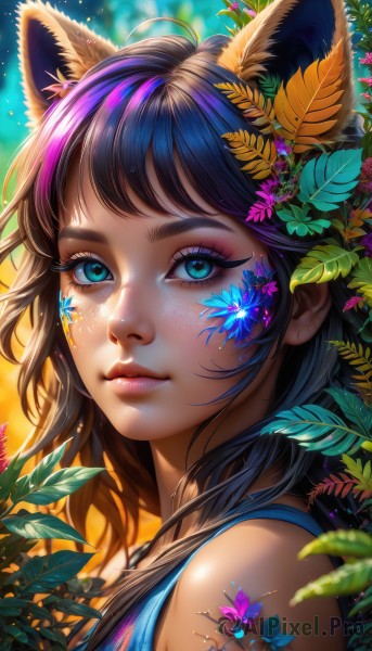 1girl,solo,long hair,looking at viewer,bangs,blue eyes,brown hair,black hair,hair ornament,animal ears,bare shoulders,closed mouth,upper body,purple hair,flower,multicolored hair,outdoors,sleeveless,day,artist name,cat ears,signature,hair flower,blurry,from side,aqua eyes,lips,eyelashes,tattoo,makeup,depth of field,blurry background,leaf,watermark,facial mark,sunlight,tank top,plant,lipstick,portrait,web address,close-up,eyeshadow,freckles,blue flower,pink lips,realistic,nose,purple flower,eyeliner,mascara,shirt,jewelry,shiny,necklace,streaked hair,fox ears,sleeveless shirt,bug,blue shirt,butterfly,dog ears,light particles,extra ears,facepaint,dappled sunlight,colorful