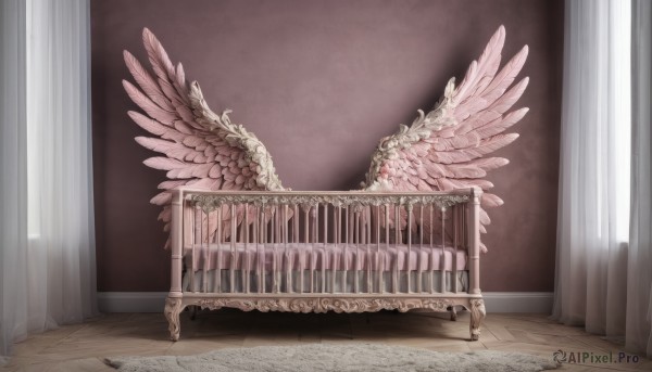 wings,indoors,no humans,window,sunlight,feathers,curtains,scenery,feathered wings,angel wings,wooden floor,stairs,door,pillar,carpet,canopy bed,solo,railing,multiple wings,column