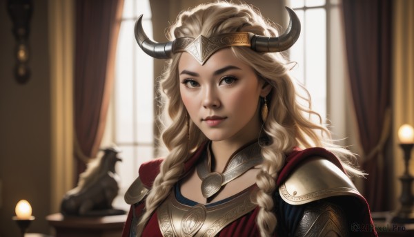 1girl,solo,long hair,looking at viewer,smile,blonde hair,brown eyes,jewelry,closed mouth,upper body,braid,earrings,horns,indoors,armor,blurry,twin braids,lips,grey eyes,window,depth of field,blurry background,tiara,crown,curtains,shoulder armor,portrait,pauldrons,realistic,nose,candle,fake horns,cape,backlighting