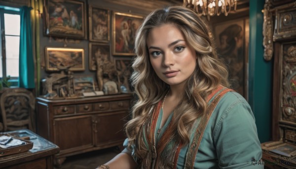 1girl,solo,long hair,looking at viewer,smile,blue eyes,blonde hair,brown hair,jewelry,closed mouth,upper body,indoors,necklace,bracelet,lips,grey eyes,book,window,wavy hair,chair,table,curtains,freckles,curly hair,realistic,nose,picture frame,painting (object),blurry,phone,lamp,photo (object),portrait (object)