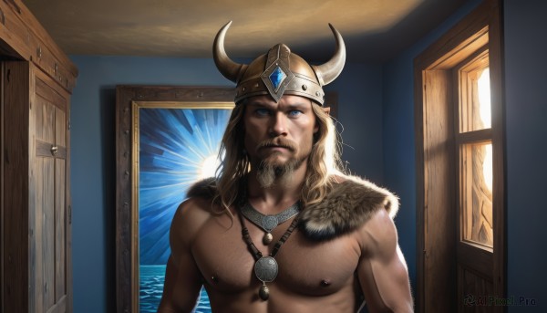 solo,long hair,looking at viewer,blue eyes,blonde hair,1boy,jewelry,closed mouth,nipples,upper body,male focus,horns,indoors,necklace,fur trim,window,muscular,facial hair,helmet,pectorals,muscular male,bara,beard,topless male,mature male,realistic,door,fake horns,chest hair,horned headwear,horned helmet,brown hair,water,abs,crown,large pectorals,mustache,manly