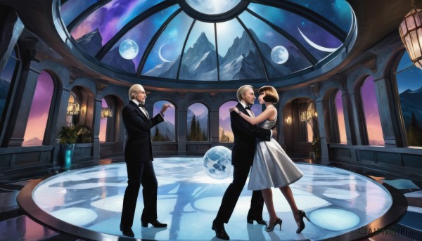 1girl,smile,short hair,blonde hair,brown hair,gloves,1boy,dress,bare shoulders,closed eyes,hetero,pantyhose,multiple boys,necktie,sky,black gloves,pants,2boys,black footwear,white dress,high heels,window,night,facial hair,formal,moon,suit,couple,star (sky),reflection,lantern,mountain,mustache,bald,dancing,old,crescent moon,long hair,black hair,jewelry,standing,flower,earrings,indoors,looking at another,plant,planet,black suit,tuxedo