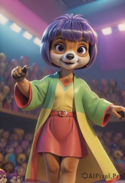 1girl,solo,looking at viewer,smile,short hair,open mouth,bangs,skirt,shirt,long sleeves,animal ears,brown eyes,standing,purple hair,open clothes,teeth,solo focus,shiny,belt,artist name,indoors,wide sleeves,blunt bangs,blurry,black eyes,shiny hair,flat chest,coat,:3,blurry background,feet out of frame,red skirt,stuffed toy,happy,bob cut,stuffed animal,child,furry,open coat,belt buckle,furry female,female child,body fur,animal nose,leg hair,red belt,blue hair,collarbone,small breasts,hand up,miniskirt,nail polish,watermark,pointing,yellow shirt,green shirt,brown belt,bear ears,crowd,brown fur,two-tone fur,green coat,buck teeth