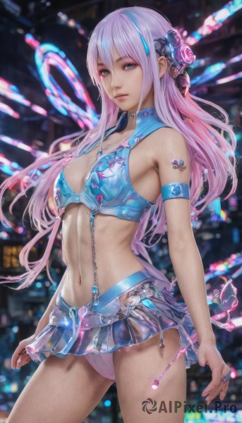 1girl,solo,long hair,breasts,looking at viewer,bangs,blue eyes,skirt,hair ornament,navel,cleavage,bare shoulders,medium breasts,closed mouth,underwear,standing,panties,pink hair,purple hair,multicolored hair,cowboy shot,pleated skirt,sleeveless,midriff,miniskirt,blurry,two-tone hair,lips,streaked hair,crop top,blurry background,ring,pink panties,armlet,realistic,microskirt,jewelry,blue hair,swimsuit,bikini,parted lips,shiny,signature,stomach,blue skirt,see-through,tattoo,headgear,watermark,armband,web address,zipper,science fiction,neon lights