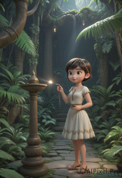 1girl,solo,short hair,brown hair,dress,holding,brown eyes,jewelry,standing,full body,short sleeves,hairband,outdoors,white dress,tree,leaf,sandals,plant,child,nature,forest,female child,smile,black hair,parted lips,black eyes,lips,toes,brown footwear,sunlight,fireworks,sparkler