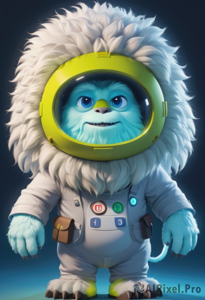 solo,looking at viewer,smile,open mouth,blue eyes,1boy,standing,full body,male focus,teeth,fur trim,no humans,helmet,furry,spacesuit,lion,astronaut,tail,artist name,watermark,claws,pouch