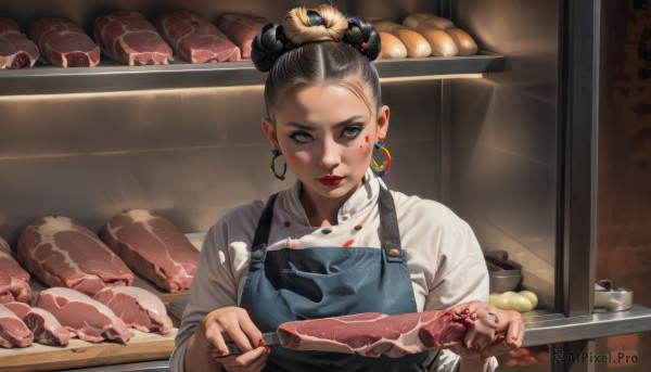 1girl,solo,looking at viewer,blue eyes,shirt,black hair,hair ornament,holding,jewelry,white shirt,upper body,earrings,food,indoors,hair bun,nail polish,mole,black eyes,apron,fingernails,grey eyes,mole under eye,makeup,facial mark,single hair bun,holding food,knife,lipstick,red nails,forehead,hoop earrings,red lips,holding knife,bread,meat,kitchen,chef,grey hair,cup,lips,eyeshadow,realistic,overalls