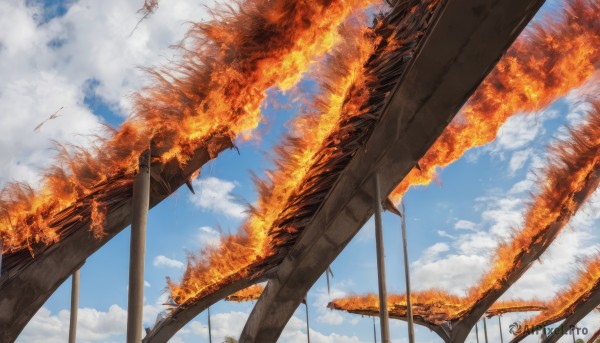 outdoors,sky,day,cloud,tree,blue sky,dutch angle,no humans,leaf,from below,cloudy sky,fire,scenery,autumn leaves,autumn,bird,reflection,fantasy,bridge