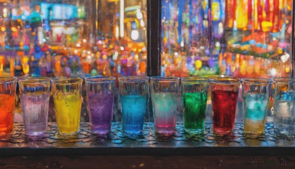 blurry,cup,no humans,window,night,depth of field,blurry background,building,scenery,drinking glass,reflection,city,glass,light,cityscape,bokeh,city lights,outdoors,letterboxed,drink