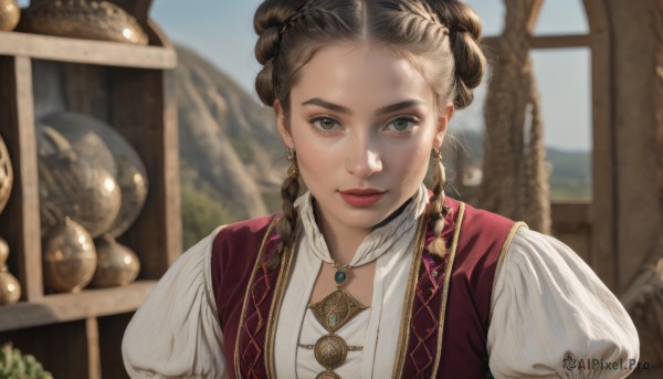 1girl,solo,long hair,looking at viewer,smile,brown hair,shirt,long sleeves,brown eyes,jewelry,closed mouth,white shirt,upper body,braid,earrings,day,puffy sleeves,indoors,necklace,hair bun,blurry,vest,twin braids,lips,grey eyes,window,makeup,depth of field,blurry background,juliet sleeves,gem,freckles,realistic,red vest,red lips,braided bun,multiple braids,black hair,dress,white dress,sunlight,portrait,forehead