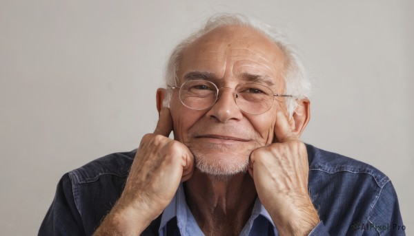 solo,looking at viewer,smile,blue eyes,simple background,shirt,1boy,closed mouth,jacket,upper body,white hair,male focus,glasses,collared shirt,grey background,facial hair,portrait,beard,realistic,round eyewear,manly,old,old man,wrinkled skin,white shirt,necktie,hand up,lips,half-closed eyes,blue shirt,denim,hand on own face,head rest,adjusting eyewear,bald,arm hair,denim jacket