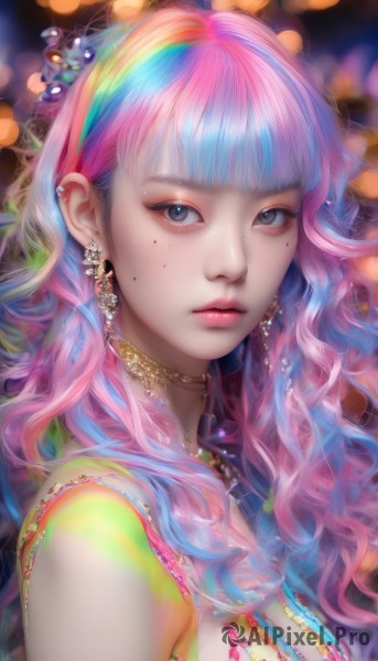 1girl,solo,long hair,breasts,looking at viewer,bangs,blue eyes,hair ornament,bare shoulders,jewelry,closed mouth,blue hair,upper body,pink hair,multicolored hair,hairband,earrings,choker,artist name,blunt bangs,necklace,mole,blurry,from side,two-tone hair,lips,grey eyes,eyelashes,mole under eye,gradient hair,makeup,depth of field,blurry background,wavy hair,piercing,ear piercing,portrait,eyeshadow,freckles,pink lips,realistic,nose,colorful,mascara,streaked hair,watermark,expressionless,bokeh,rainbow hair