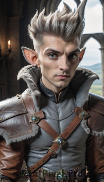 solo,looking at viewer,short hair,blue eyes,1boy,jewelry,closed mouth,upper body,white hair,grey hair,male focus,earrings,pointy ears,belt,artist name,indoors,signature,armor,blurry,lips,grey eyes,fur trim,blurry background,facial hair,spiked hair,elf,realistic,nose,candle,leather,necklace,window