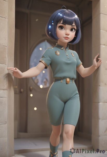 1girl,solo,breasts,looking at viewer,smile,short hair,bangs,shirt,black hair,hair ornament,brown eyes,jewelry,closed mouth,blue hair,standing,ahoge,short sleeves,small breasts,boots,shoes,shorts,socks,shiny,collared shirt,belt,pants,artist name,indoors,signature,blunt bangs,mole,blurry,uniform,lips,eyelashes,window,sparkle,depth of field,blurry background,feet out of frame,shadow,bob cut,blue shirt,blue shorts,black belt,blue footwear,nose,door,tiles,shirt tucked in,tile floor,badge,open door,doorway,high-waist shorts,dark skin