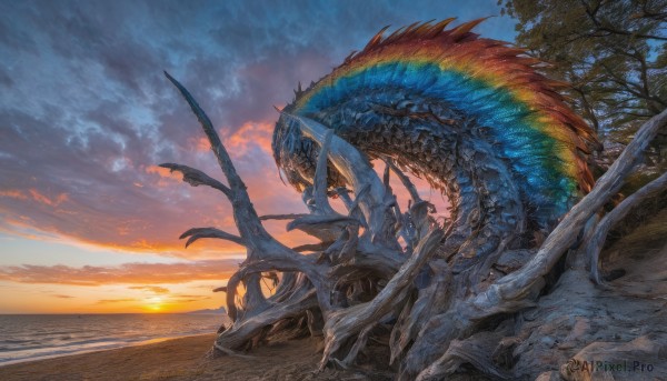 tail,outdoors,wings,sky,cloud,water,tree,no humans,ocean,beach,cloudy sky,scenery,science fiction,sunset,monster,dragon,sun,rainbow,sunrise,blue sky,glowing,animal,sunlight,nature,horizon