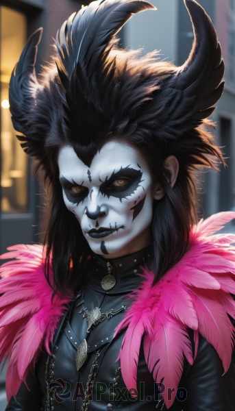 1girl,solo,long hair,looking at viewer,smile,black hair,brown eyes,jewelry,closed mouth,jacket,upper body,horns,artist name,necklace,blurry,collar,lips,black jacket,makeup,blurry background,colored skin,chain,facial mark,piercing,feathers,lipstick,feather hair ornament,facepaint,leather,grey skin,leather jacket,black lips,black feathers,lip piercing,yellow eyes,choker,orange eyes,fur trim,pale skin,colored sclera,fur collar,black sclera,feather trim,nose piercing,eyebrow piercing