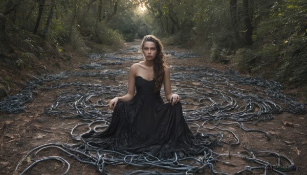 1girl,solo,long hair,breasts,looking at viewer,brown hair,black hair,dress,bare shoulders,closed mouth,collarbone,braid,hairband,outdoors,water,black dress,tree,lips,single braid,strapless,sunlight,black hairband,nature,strapless dress,hair over shoulder,forest,realistic,skirt hold,cleavage,medium breasts,standing,full body,artist name,bare arms,leaf,watermark,plant,long dress