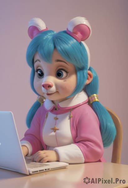 1girl,solo,long hair,bangs,blue eyes,simple background,long sleeves,animal ears,twintails,sitting,blue hair,upper body,hairband,fake animal ears,low twintails,chair,table,furry,furry female,computer,bear ears,laptop,buck teeth,blush,teeth,lips,watermark,realistic,nose,animal nose,snout