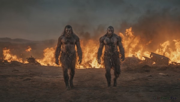 standing,male focus,outdoors,multiple boys,2boys,armor,muscular,helmet,fire,ground vehicle,motor vehicle,smoke,walking,monster,military vehicle,giant,burning,long hair,looking at viewer,bangs,black hair,full body,sky,pants,torn clothes,facial hair,black pants,abs,muscular male,beard,topless male,arms at sides,desert