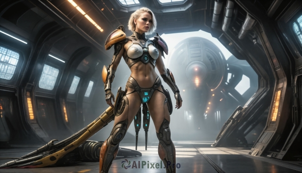 HQ,1girl,solo,breasts,short hair,blue eyes,blonde hair,gloves,navel,medium breasts,standing,weapon,white hair,midriff,sword,indoors,dark skin,armor,lips,abs,shoulder armor,science fiction,toned,realistic,huge weapon,bikini armor,spacecraft,crotch plate,holding,holding weapon,muscular,scar,holding sword,pauldrons,cyborg,cyberpunk