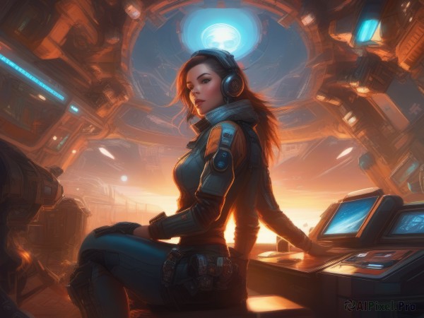 1girl,solo,long hair,breasts,looking at viewer,blue eyes,brown hair,gloves,brown eyes,medium breasts,sitting,jacket,parted lips,solo focus,looking back,pants,indoors,signature,lips,bodysuit,headphones,robot,headset,backlighting,science fiction,realistic,nose,computer,knee pads,monitor,spacecraft,cockpit,screen,holographic interface,hologram,long sleeves,closed mouth,green eyes,belt,artist name,scarf,from side,looking to the side,eyelashes,makeup,glowing,lipstick,blue jacket,forehead,freckles,blue pants,red lips,light,cable,cyberpunk