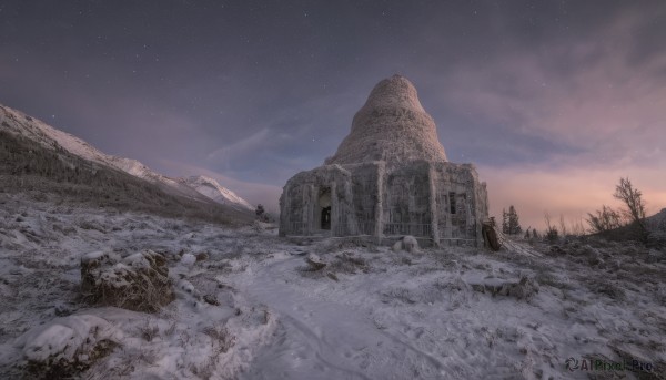 outdoors,sky,cloud,tree,no humans,night,grass,star (sky),nature,night sky,scenery,snow,forest,starry sky,rock,mountain,ruins,winter,bare tree,landscape,signature,sunset,gradient sky,cliff