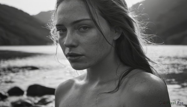 1girl,solo,long hair,looking at viewer,closed mouth,monochrome,upper body,greyscale,nude,outdoors,parted lips,water,blurry,lips,depth of field,blurry background,ocean,beach,messy hair,portrait,freckles,realistic,nose,bare shoulders,collarbone,expressionless,sunlight