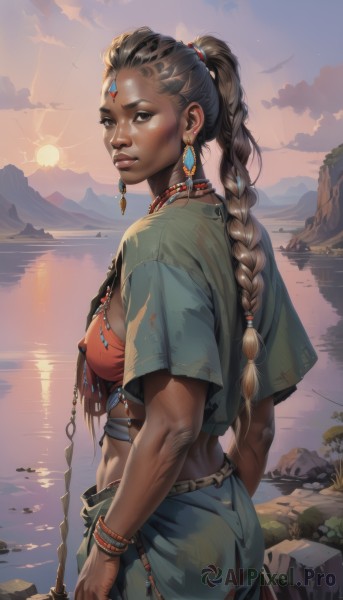 1girl,solo,long hair,breasts,looking at viewer,skirt,brown hair,shirt,black hair,holding,brown eyes,jewelry,medium breasts,standing,ponytail,weapon,ass,braid,short sleeves,cowboy shot,earrings,outdoors,parted lips,sky,midriff,looking back,cloud,dark skin,water,necklace,black eyes,bracelet,covered nipples,from side,dark-skinned female,lips,crop top,looking to the side,single braid,ocean,facial mark,piercing,sunlight,forehead,backlighting,freckles,beads,toned,sunset,braided ponytail,rock,mountain,nose,sun,facepaint,looking afar,neck ring,river,long braid,very dark skin,mountainous horizon,lake,hair beads,multi-tied hair,multiple braids,hair ornament,nipples,from behind,sideboob,back,cloudy sky,gem,ear piercing,reflection,forehead mark,realistic,nipple piercing,navel piercing,forehead jewel,sunrise,cliff,nose piercing