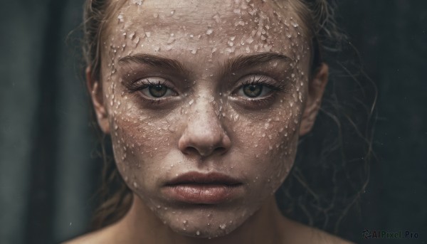 1girl,solo,long hair,looking at viewer,brown hair,brown eyes,closed mouth,parted lips,water,blurry,lips,wet,eyelashes,blurry background,portrait,close-up,freckles,realistic,nose,wet hair,1boy,male focus,serious