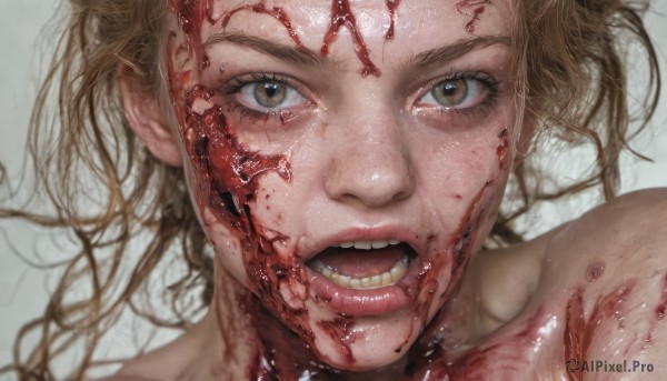 1girl,solo,looking at viewer,short hair,open mouth,blonde hair,simple background,brown hair,brown eyes,teeth,lips,blood,messy hair,portrait,close-up,injury,blood on face,realistic,tongue,blurry,eyelashes,freckles,veins,blood splatter,guro