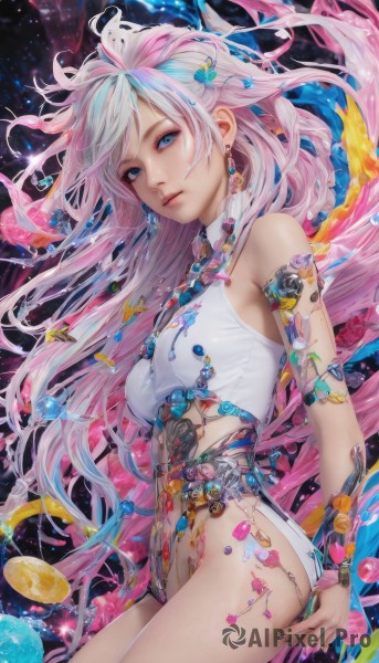 1girl,solo,long hair,breasts,looking at viewer,bangs,blue eyes,hair ornament,bare shoulders,jewelry,medium breasts,very long hair,blue hair,pink hair,white hair,multicolored hair,cowboy shot,earrings,small breasts,parted lips,nail polish,from side,leotard,lips,fingernails,gradient hair,makeup,floating hair,gem,armlet,blue nails,science fiction,pink lips,nose,white leotard,planet,mechanical parts,closed mouth,swimsuit,flower,food,artist name,necklace,bracelet,two-tone hair,one-piece swimsuit,petals,eyelashes,tattoo,fruit,watermark,highleg,wind,pink flower,highleg leotard,eyeshadow,beads,realistic,white one-piece swimsuit,lemon,lemon slice